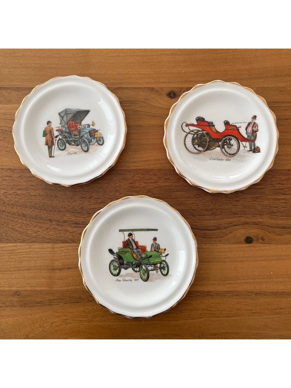 VINTAGE Royal Grafton Fine Bone China Set of 3 Coasters Antique Cars Gold Trim